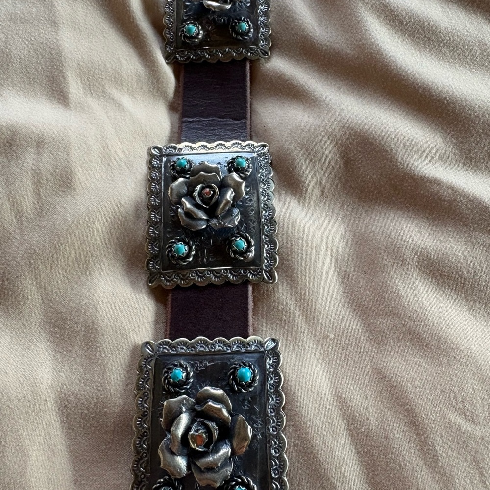 Rodeo Quincy Rosita Brown Leather Belt with Silver Floral Accents Concho belt - Picture 2 of 4